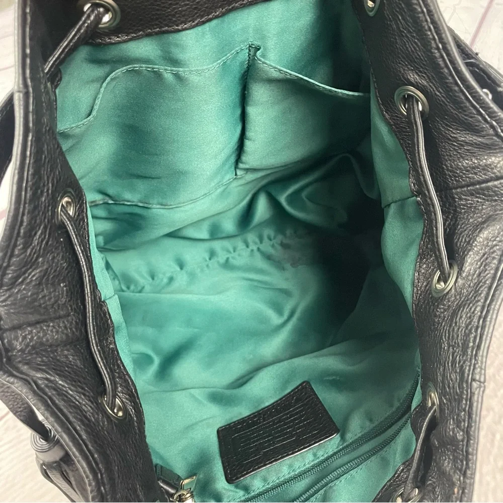 Coach Avery Pebbled Leather Hobo Bag Bucket Drawstring Black Teal Silver - Picture 10 of 16